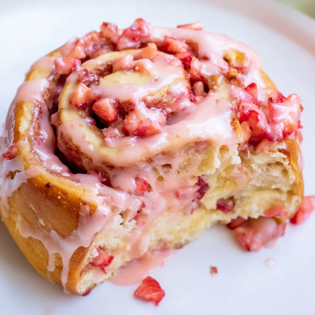 Fresh strawberry cheesecake Cinnabon rolls with swirling cream cheese filling and glossy strawberry icing top view