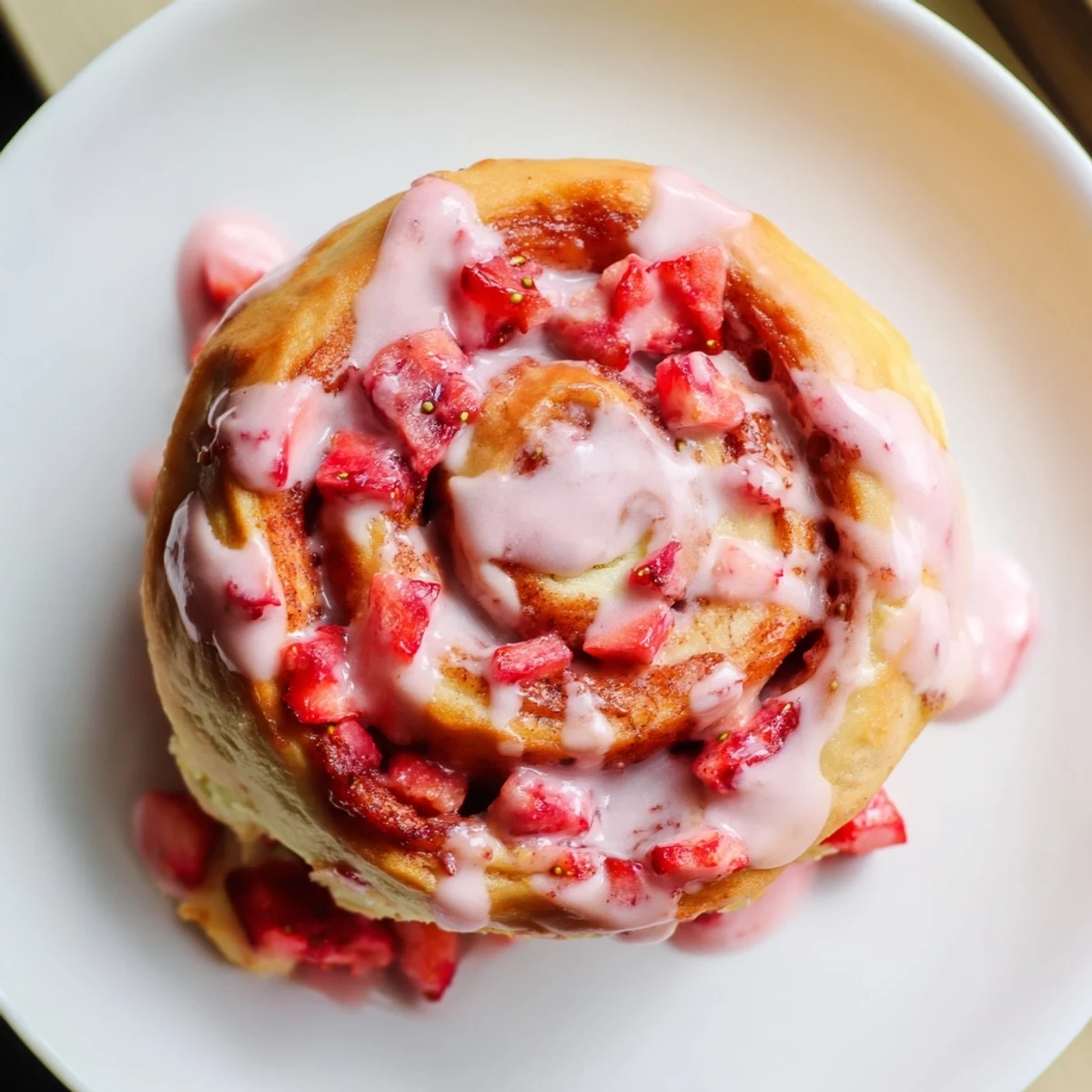 Warm baked strawberry cheesecake cinnamon rolls oozing with fruity centers and powdered sugar glaze