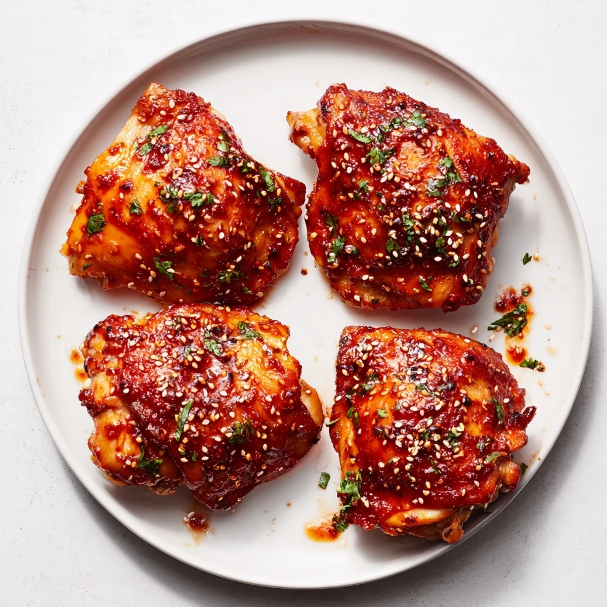 Juicy sweet chili air fryer chicken thighs arranged on white plate with cilantro sprigs