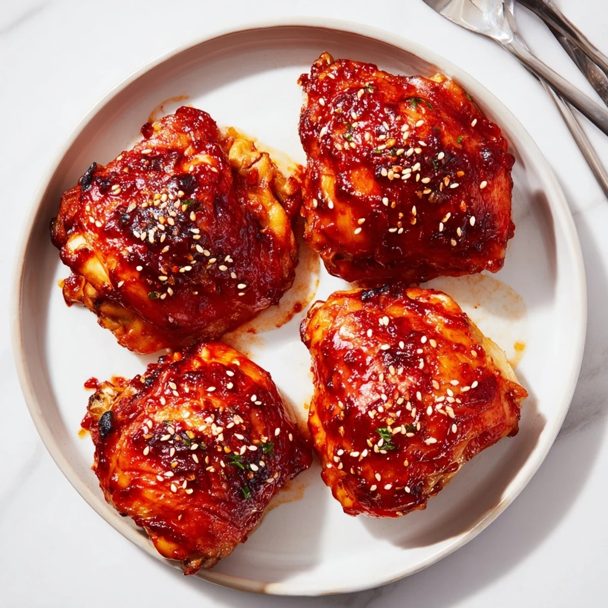 Crispy sweet chili air fryer chicken thighs brushed with thickened glaze and sesame seed topping