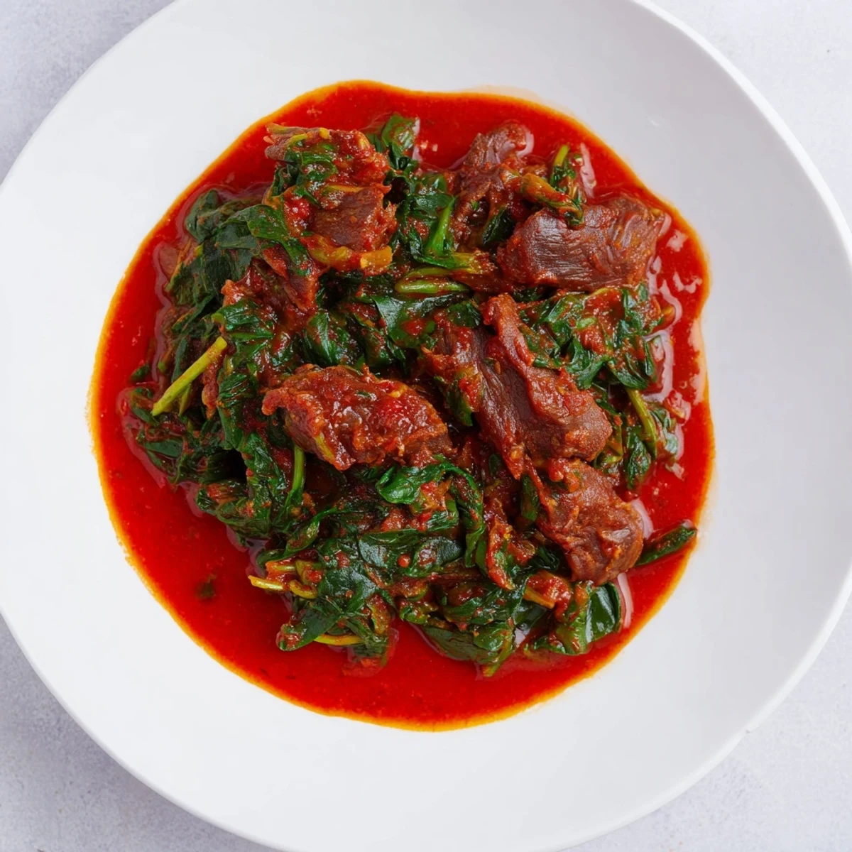 Golden bowl of savory Efo Riro Nigerian spinach stew with tender beef pieces swimming in rich red tomato pepper sauce
