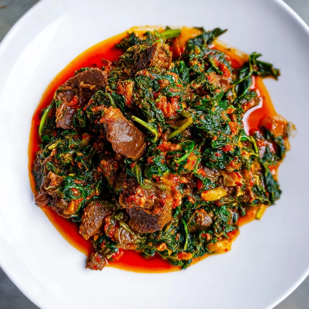 Rustic pot filled with vibrant Efo Riro spinach stew featuring wilted greens and spiced beef in thick aromatic base