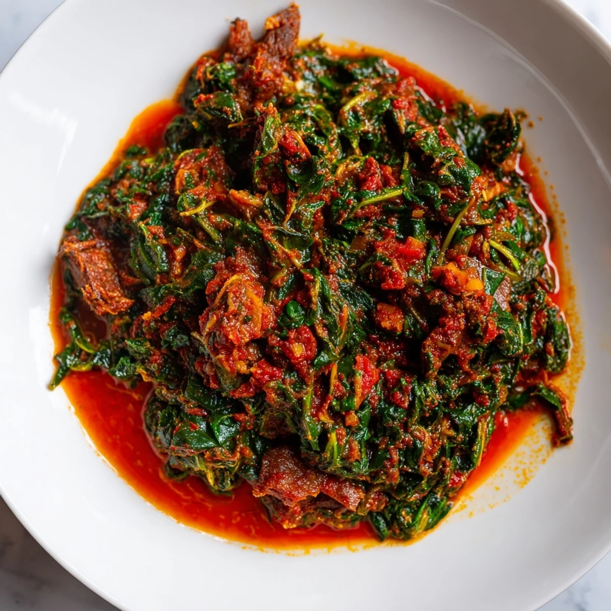 Steaming Nigerian Efo Riro spinach stew plated with beef chunks in deeply flavorful red sauce topped with fresh green onions