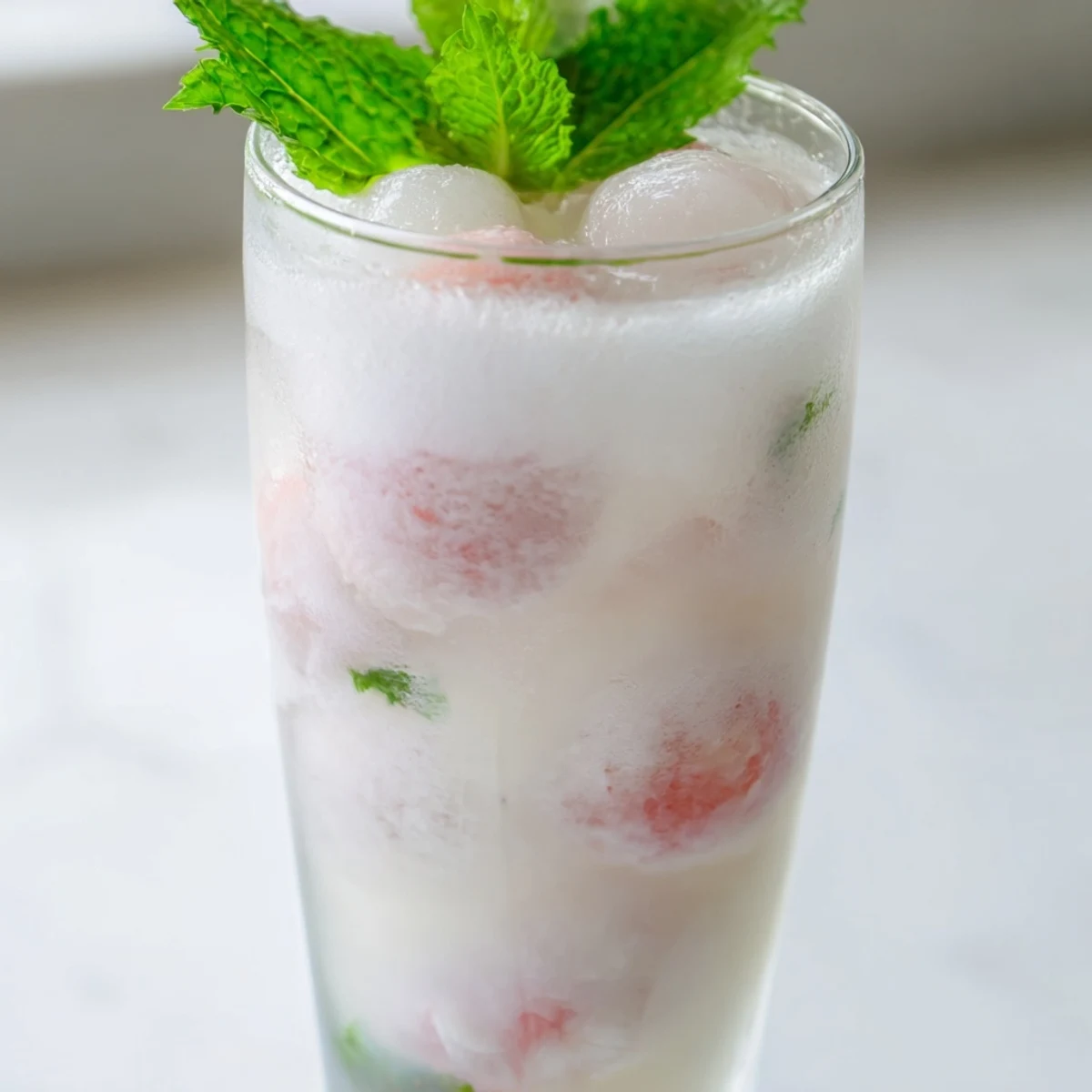 Refreshing vegan coconut lychee iced drink served in a tall glass with green mint sprig