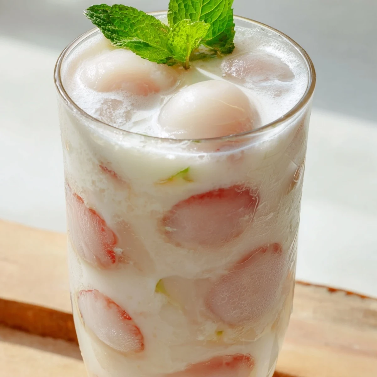 Tropical coconut lychee iced drink poured over ice with whole lychee fruit floating on top