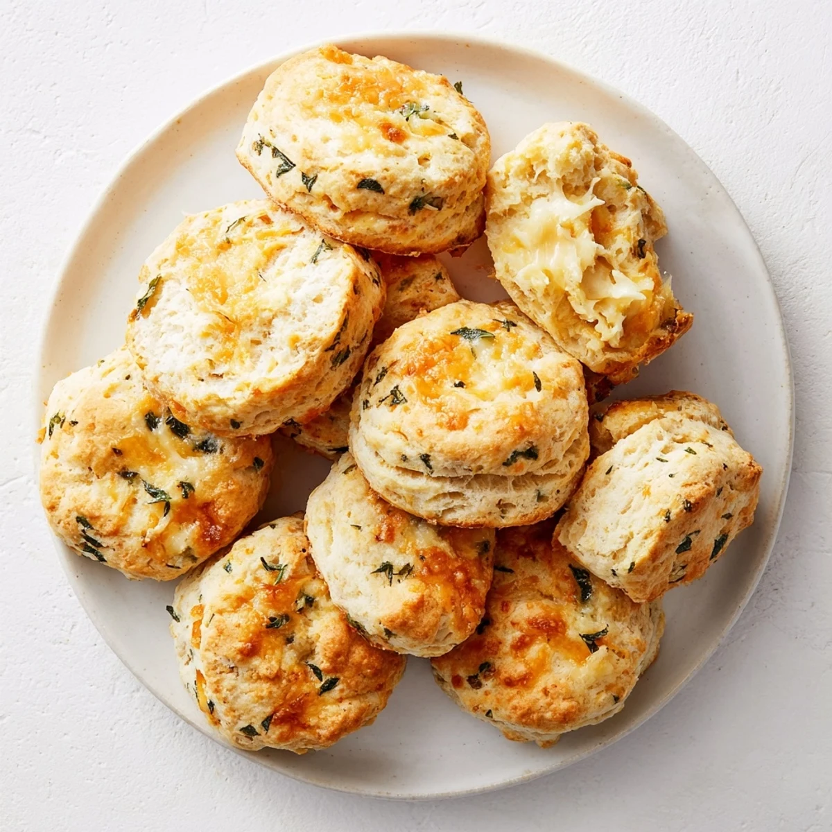 Freshly baked Sage and Gruyere Biscuits cooling on a wire rack with flaky layers and golden crust