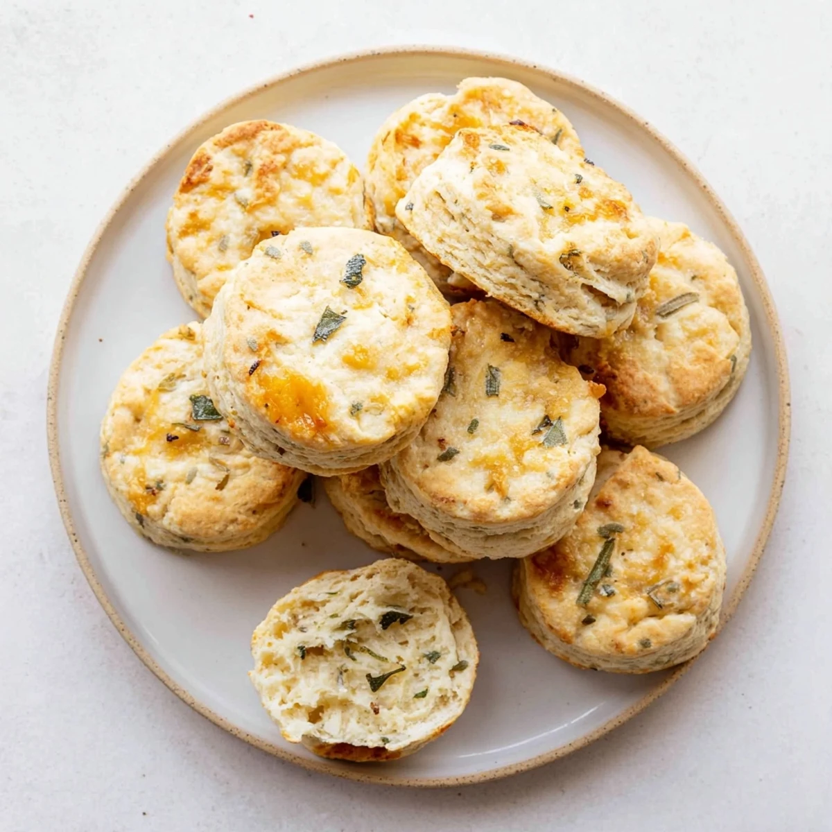 Warm Sage and Gruyere Biscuits served on a white plate with a pat of melting butter on top