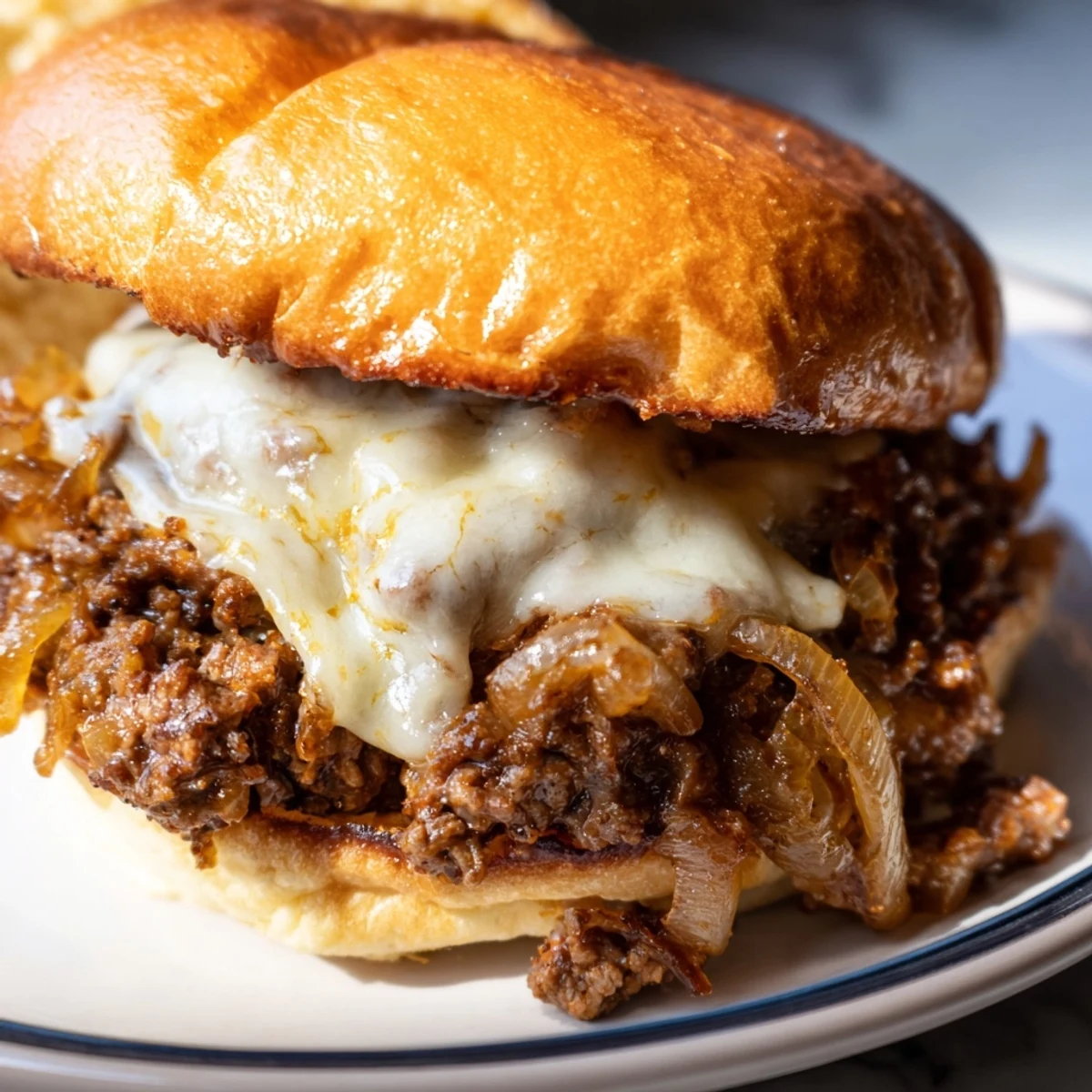 Golden brown caramelized onions and melted provolone atop a French onion beef sloppy joe sandwich on a toasted brioche bun