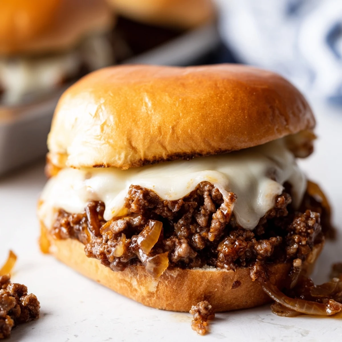 Open-faced sandwich showcasing rich beef onion mixture with melted Gruyere on a soft bun for French onion beef sloppy joes