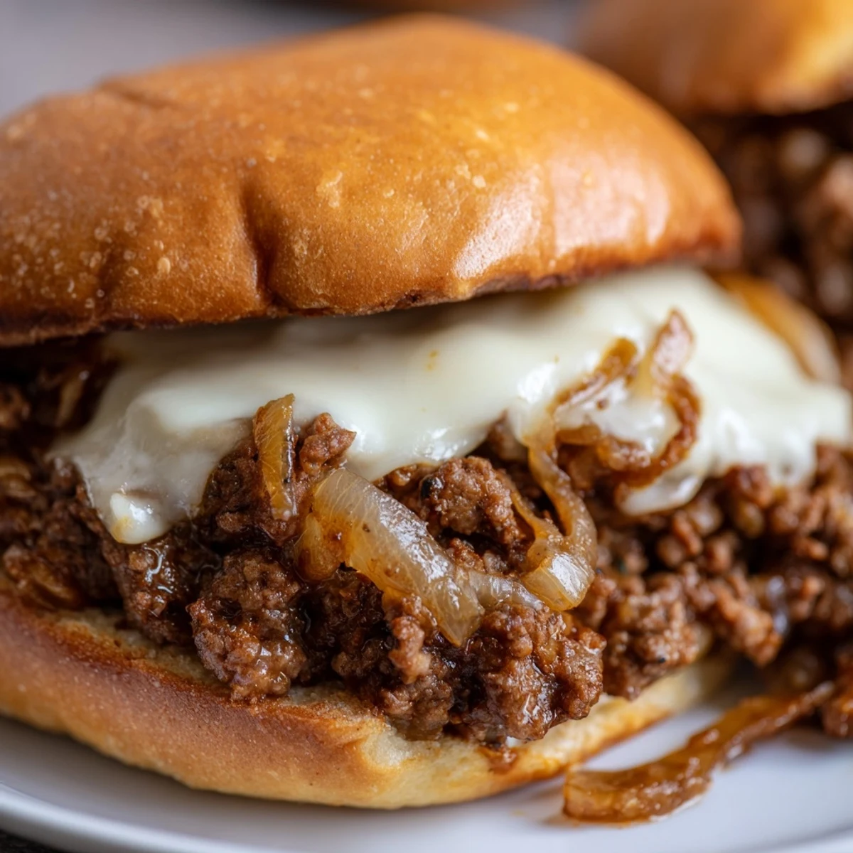 Heaping spoonful of savory ground beef and sweet onions covered in bubbly cheese on this French onion beef sloppy Joe