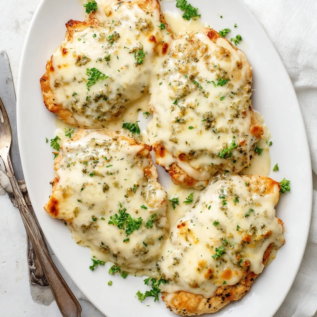 Golden bubbly creamy parmesan baked Caesar chicken fresh from the oven with melted cheese topping