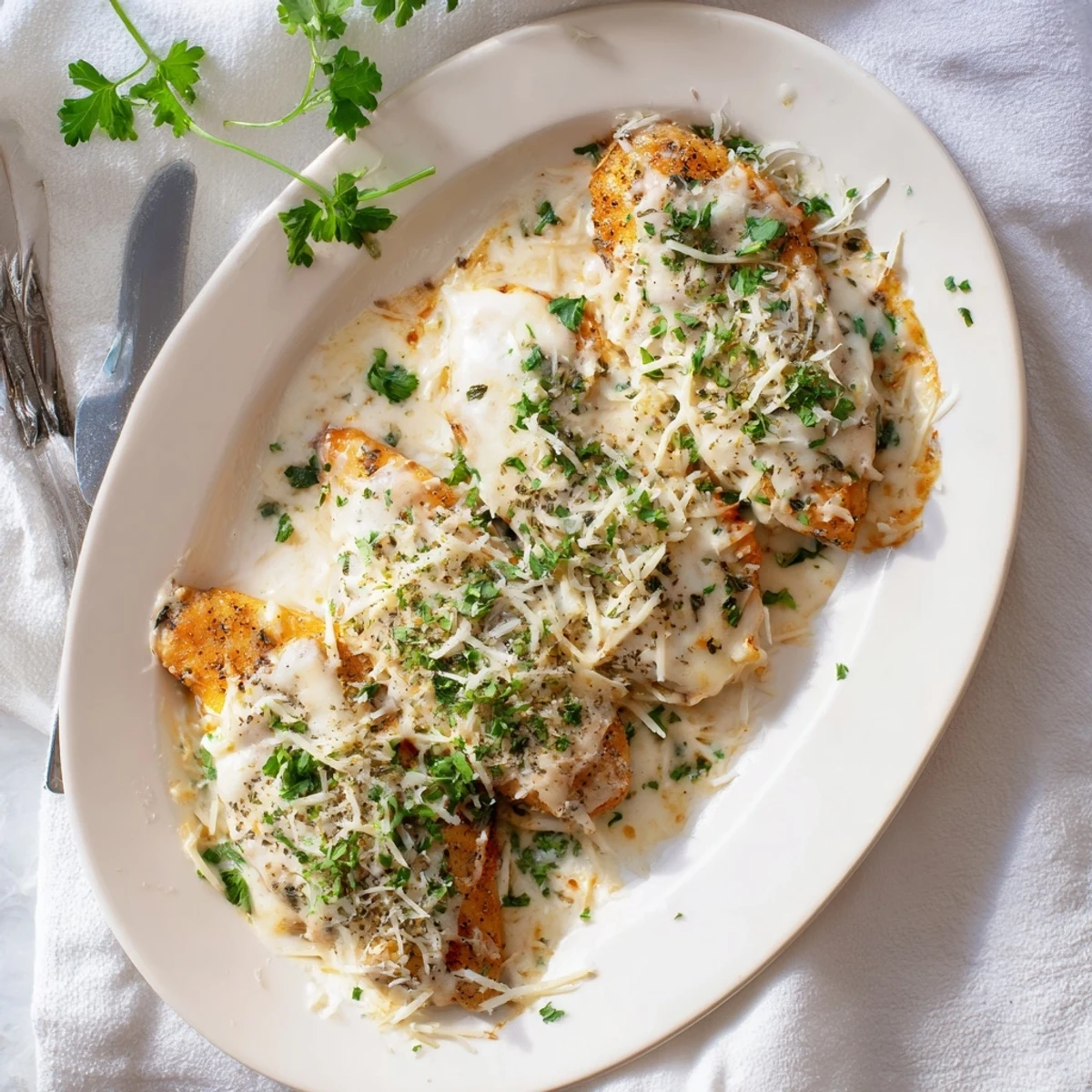 Tender baked chicken in creamy Caesar parmesan sauce garnished with fresh parsley and golden melted cheese