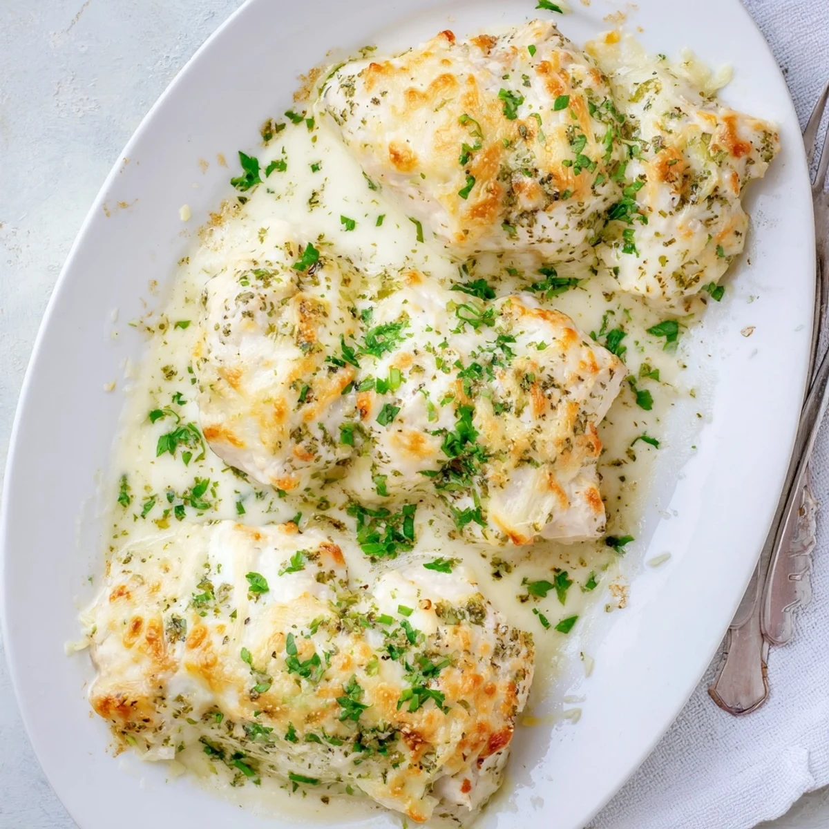 Juicy chicken breasts smothered in rich Caesar sauce and baked with mozzarella and parmesan cheeses