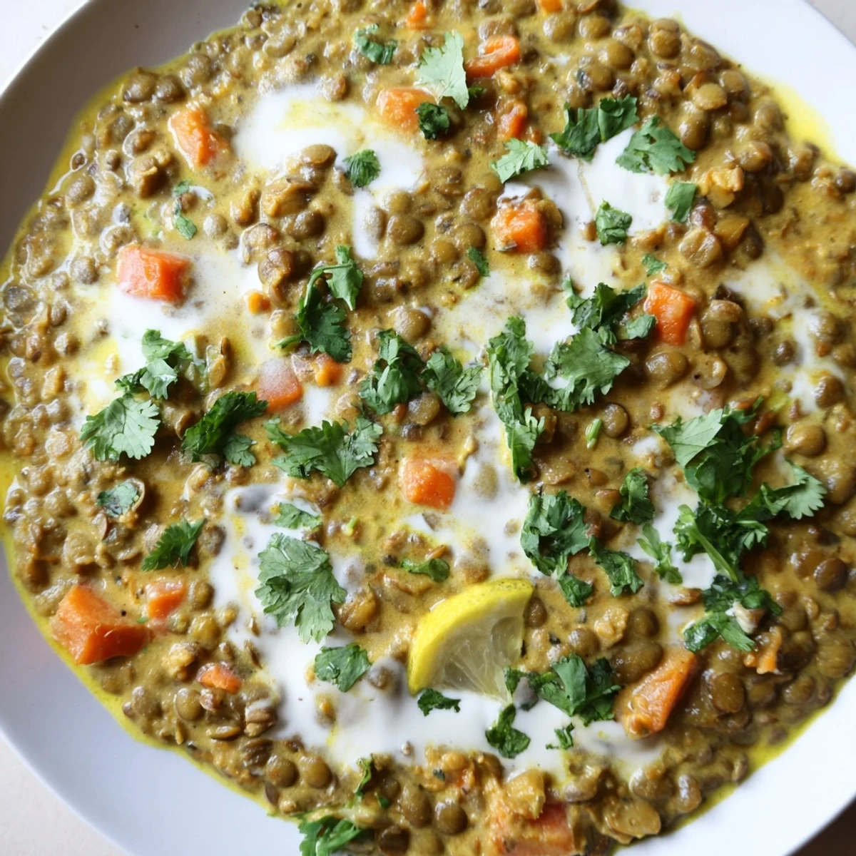 Creamy Greek yogurt lentil curry plated with fluffy basmati rice and fresh cilantro garnish
