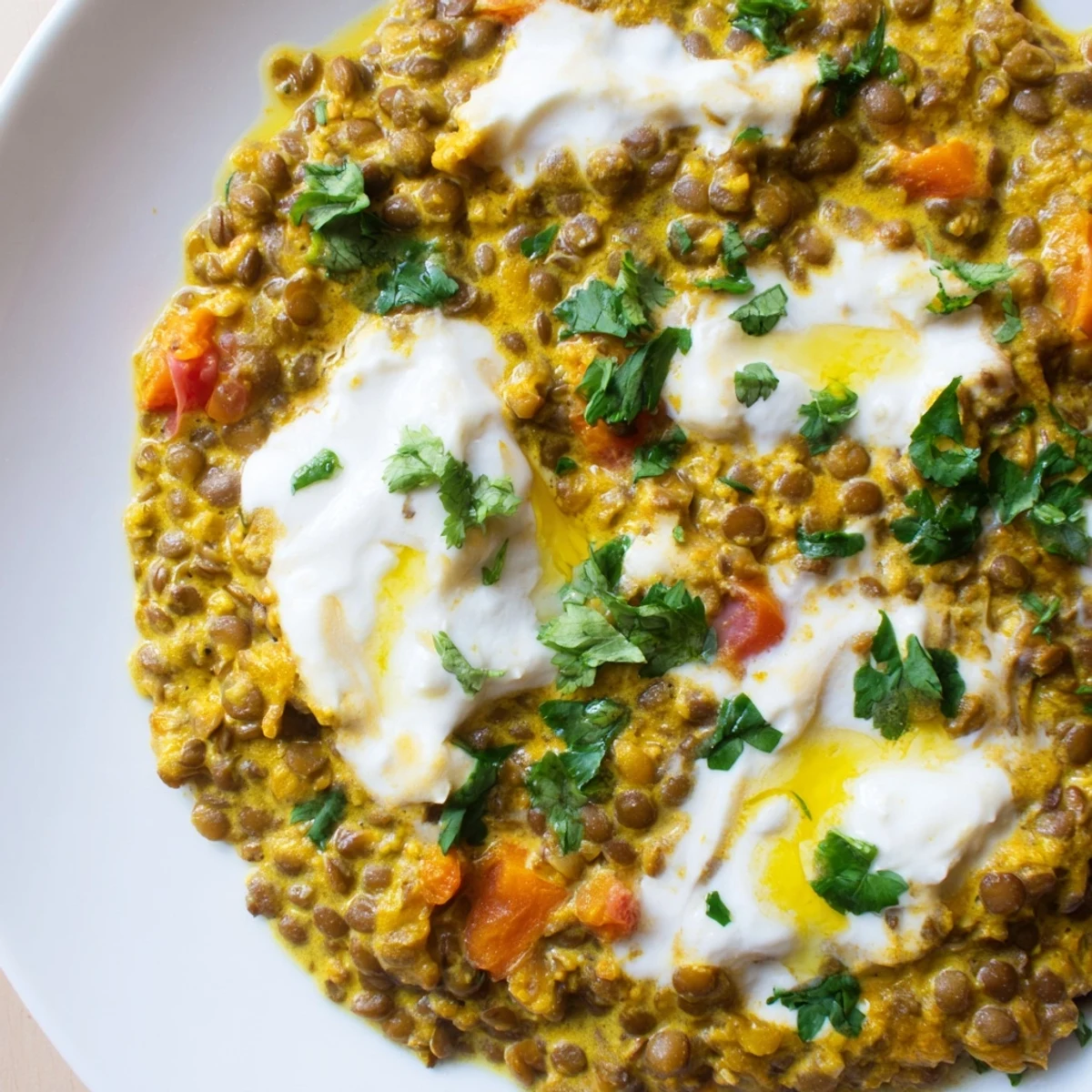 Bowl of protein-packed Greek yogurt lentil curry served beside warm naan bread