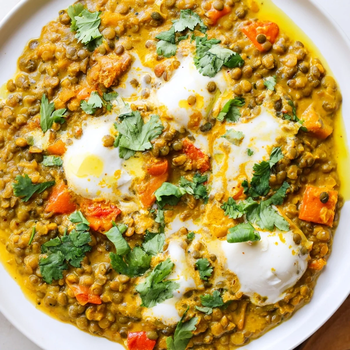 Golden lentil curry swirls with tangy Greek yogurt topped with vibrant green herbs