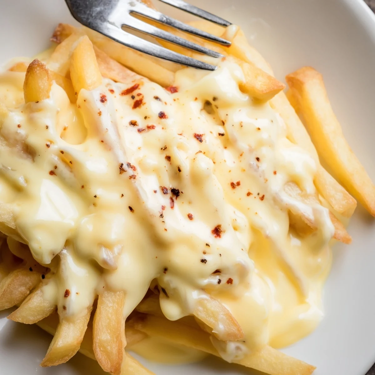 Golden cheese sauce for fries dripping generously over crispy golden potato wedges