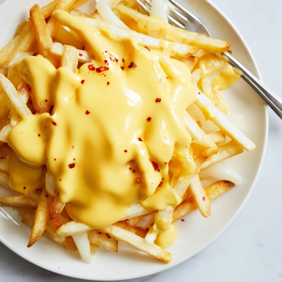 Velvety smooth cheese sauce for fries ladled over a plate of steaming shoestring potatoes
