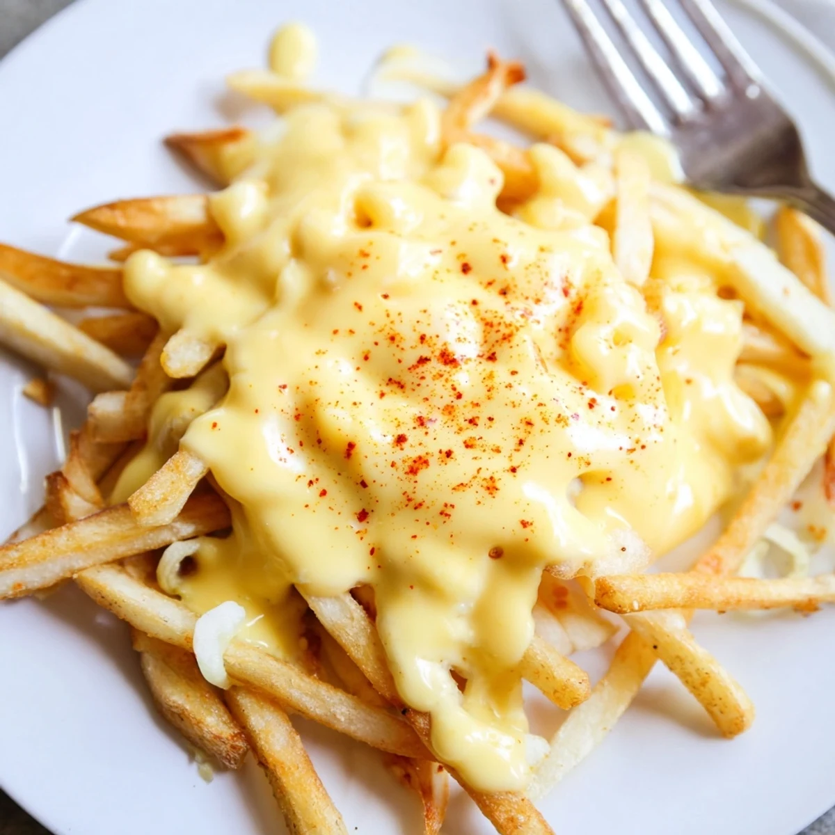 Creamy homemade cheese sauce for fries served in a glass dipping bowl