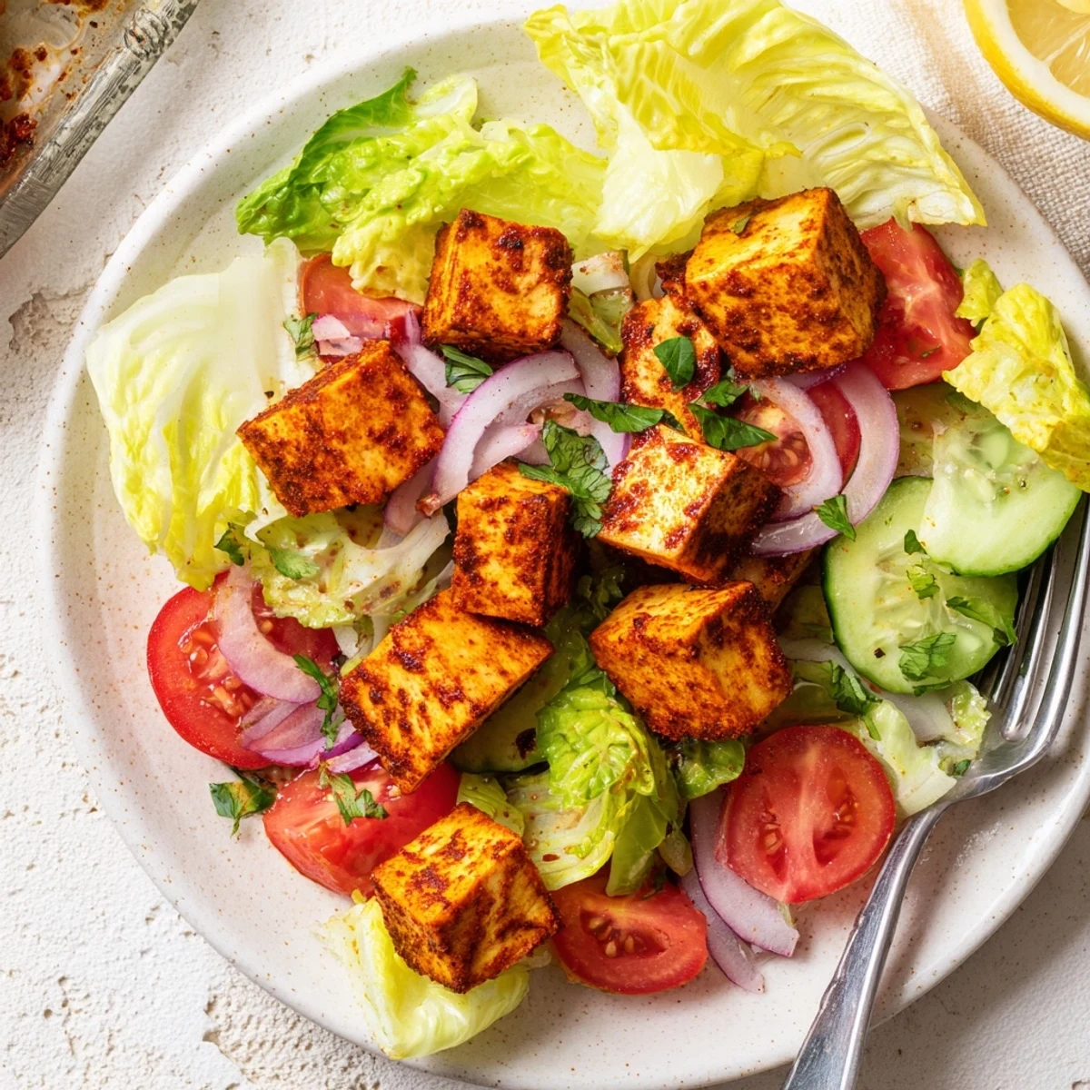 Golden smoky tofu cubes arranged over crisp lettuce leaves and juicy ripe tomato slices