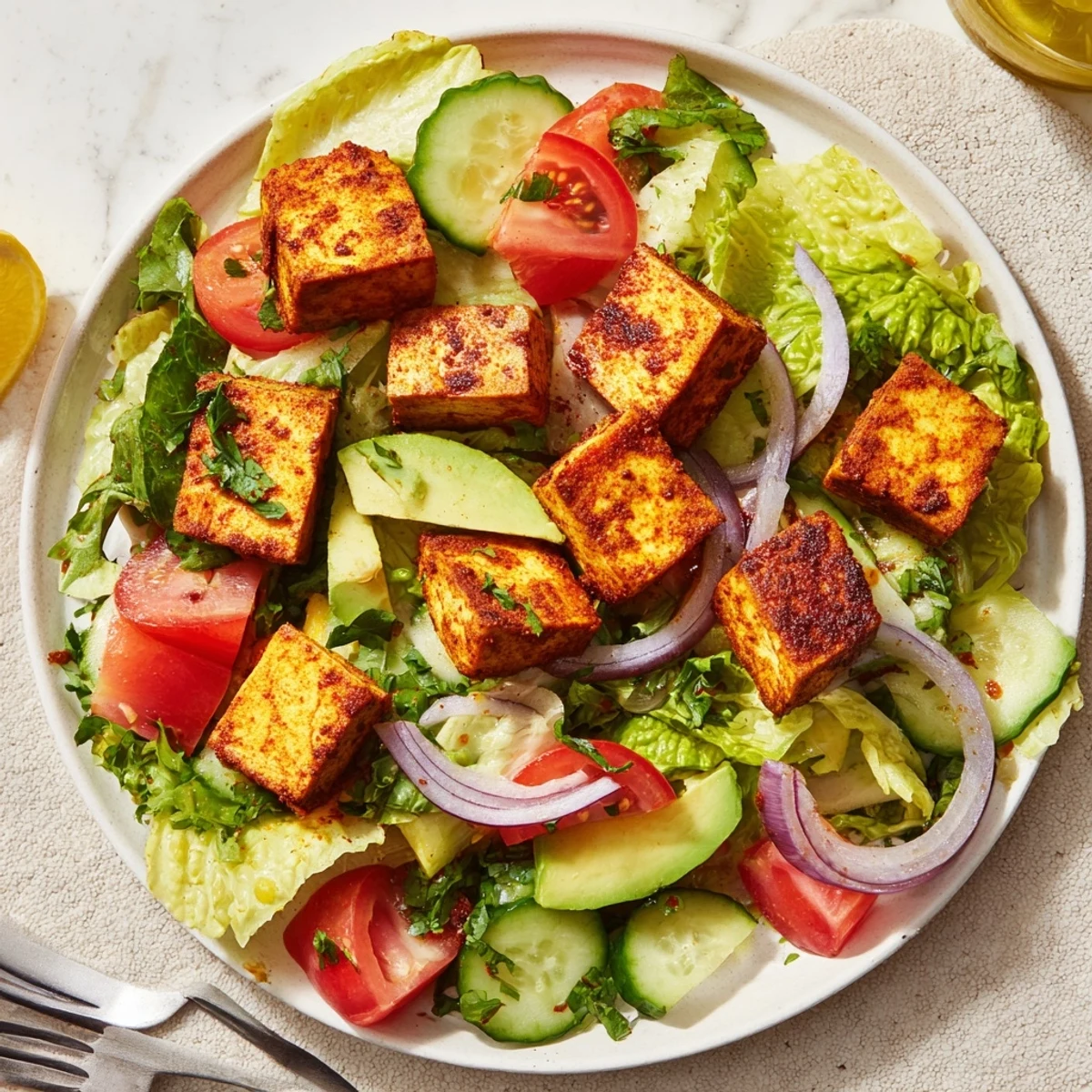 Fresh summer salad featuring warm spiced tofu served over vibrant garden lettuce and tomatoes