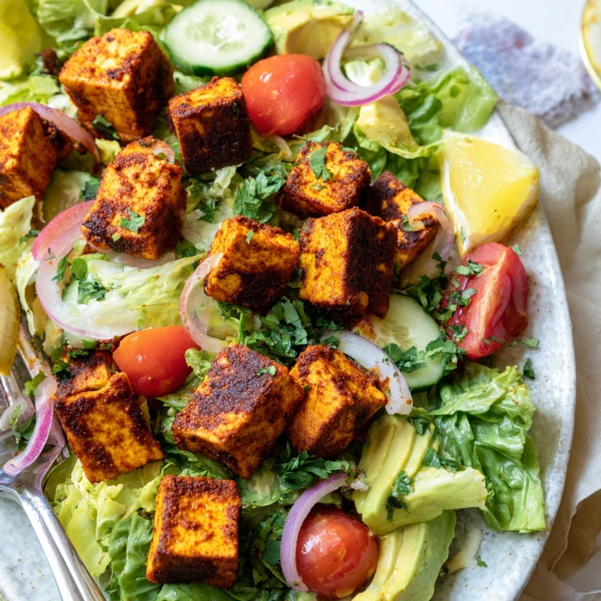 Vegan smoky tofu lettuce tomato salad bowl with colorful vegetables and light lemon dressing