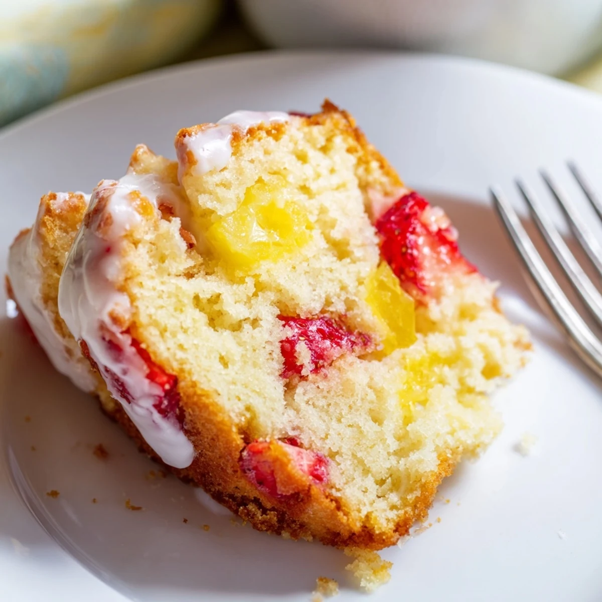 Golden glazed strawberry pineapple pound cake with fresh red fruit pieces visible in tender slices