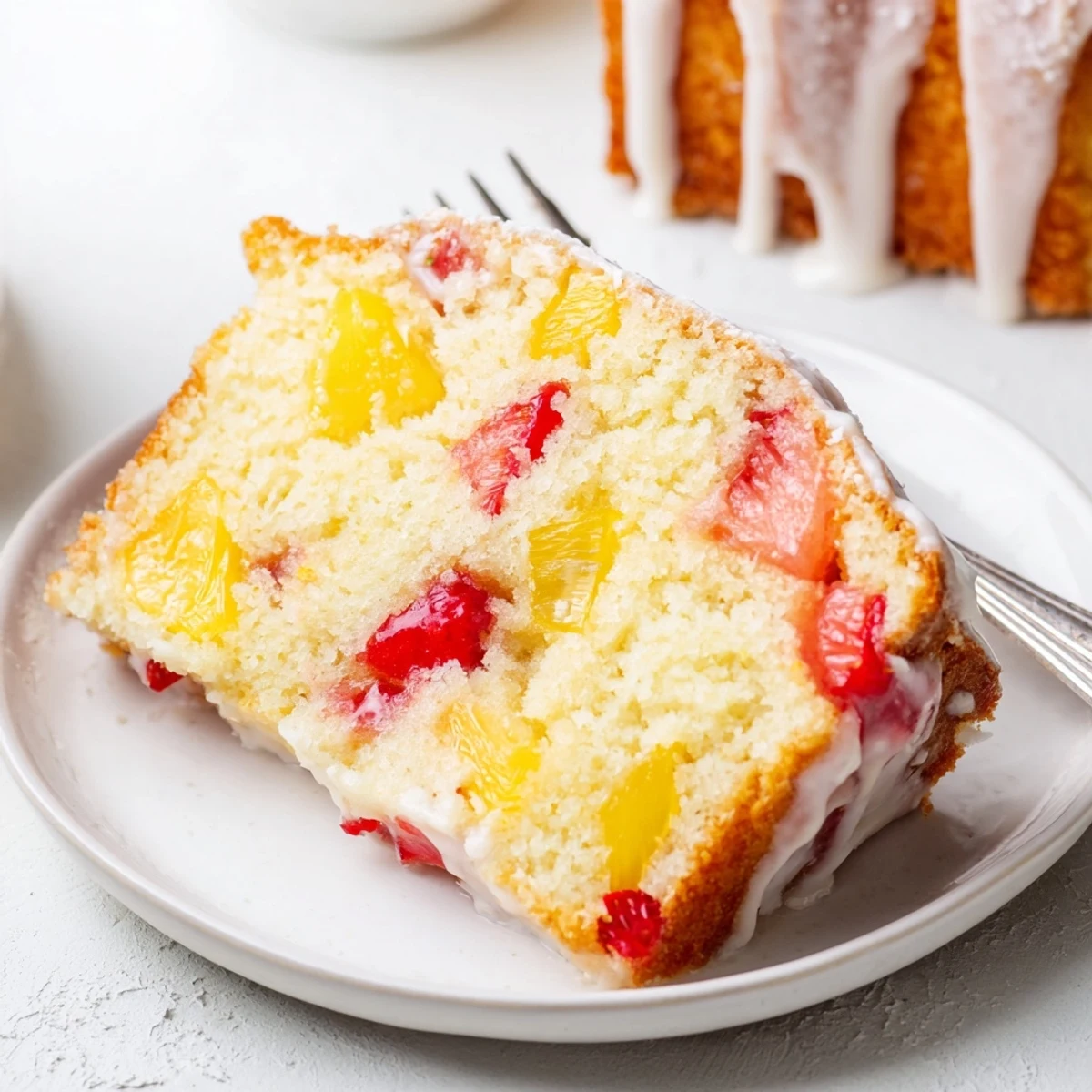 Homemade strawberry pineapple pound cake topped with creamy glaze and fresh berry garnish for summer dessert