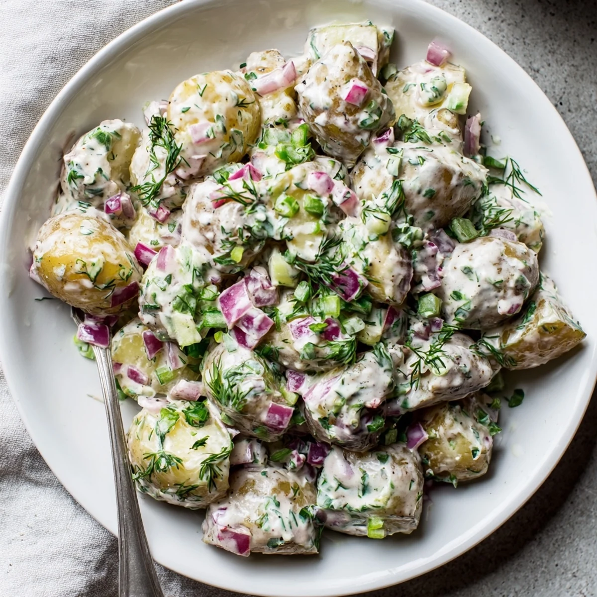 Creamy Greek yogurt potato salad with tender potatoes, red onion, celery, and fresh green herbs