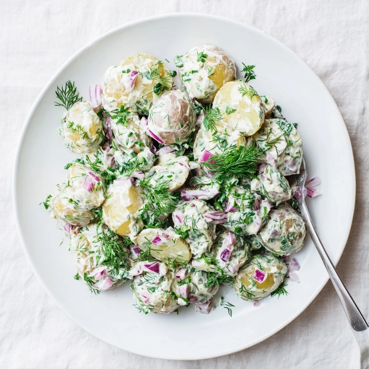 Serving bowl of Greek yogurt potato salad garnished with fresh parsley for a summer picnic