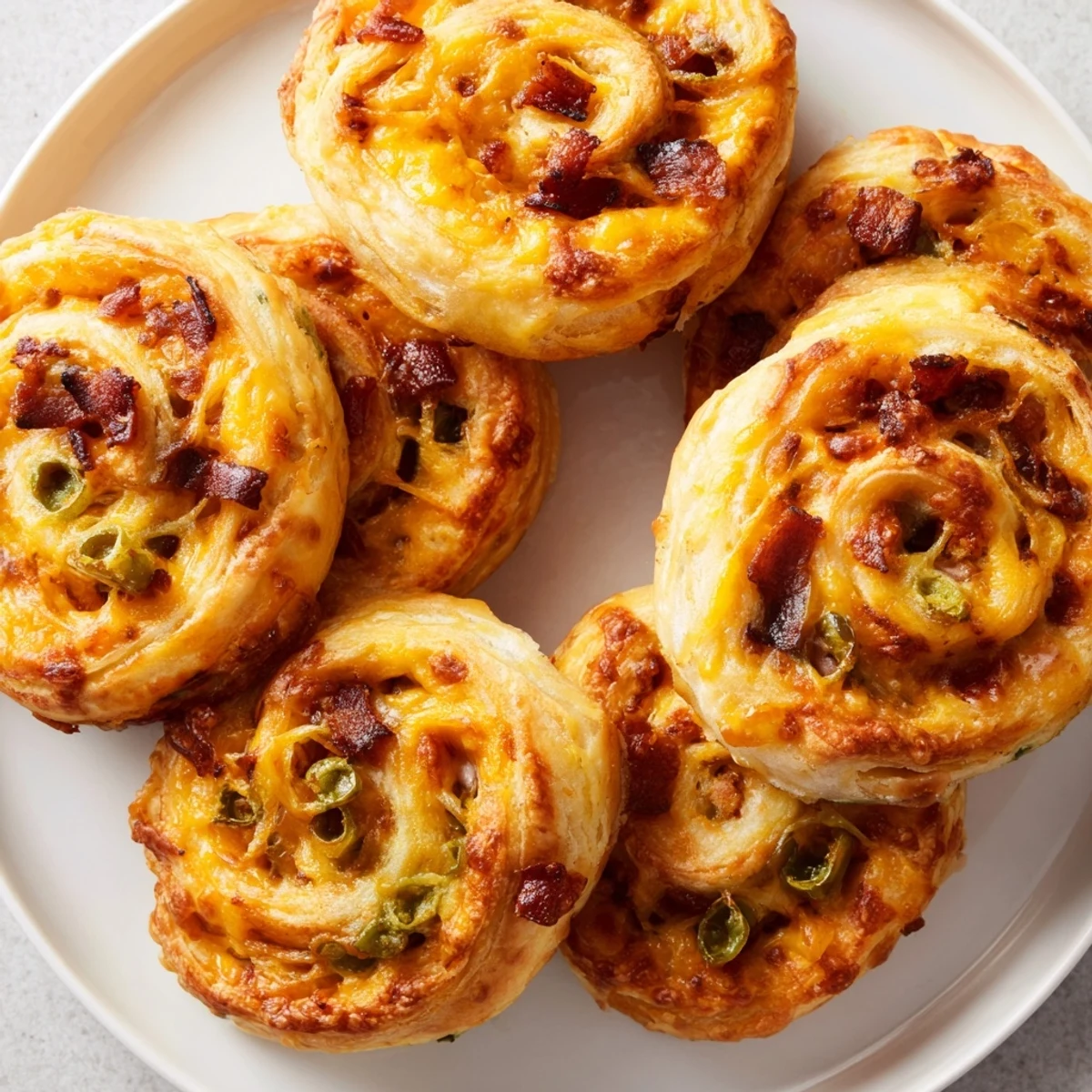 Golden brown jalapeño popper pinwheels with melted cheddar and crispy bacon on a white serving plate
