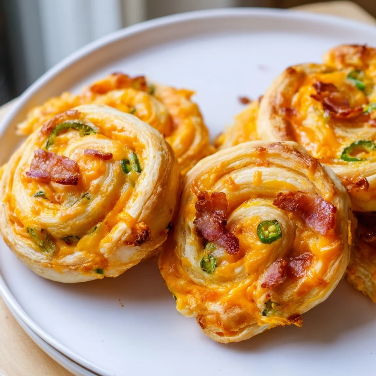 Flaky puff pastry pinwheels spiraled with creamy cheese filling and diced green jalapeño peppers