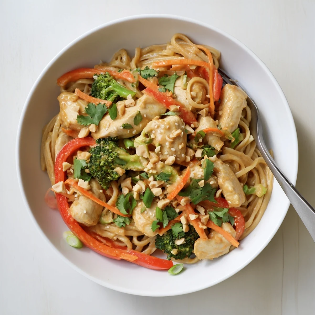 Four compartment containers showing Asian-inspired peanut chicken noodle meal prep with fresh cilantro and sesame seeds