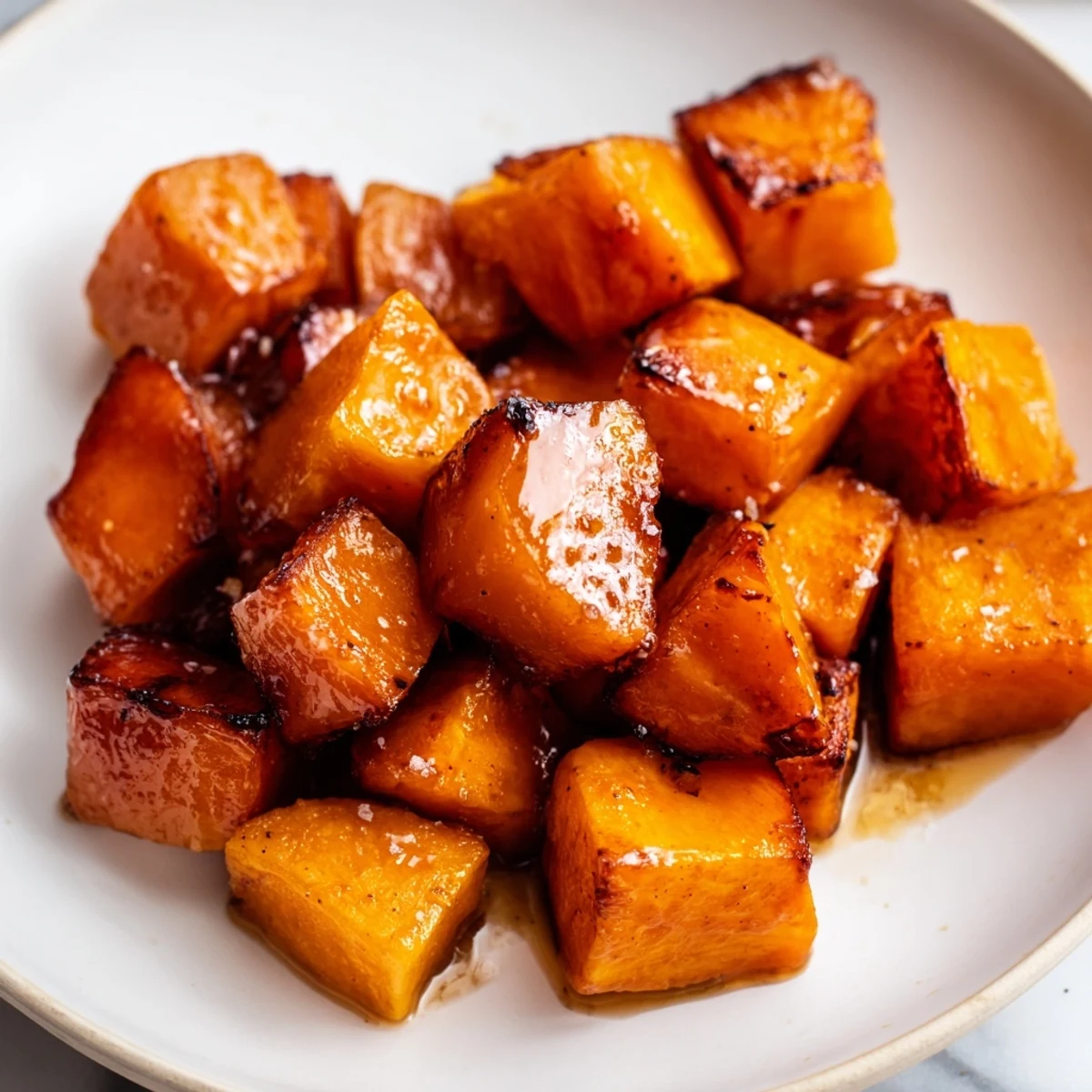 Golden brown honey cinnamon roasted sweet potato cubes arranged on a white serving plate with caramelized edges