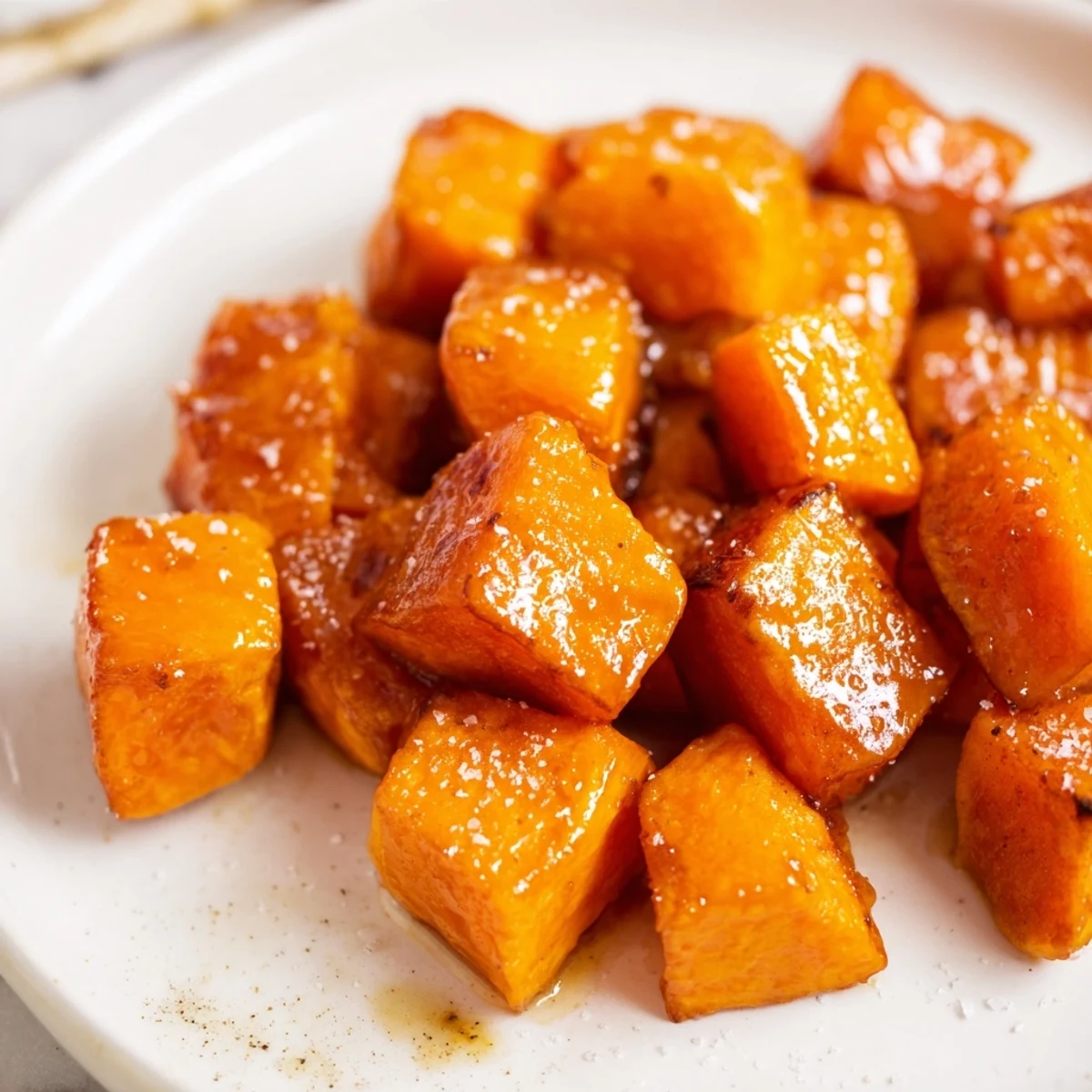 Tender roasted sweet potato cubes tossed in honey and cinnamon seasoning, perfectly caramelized on a baking sheet