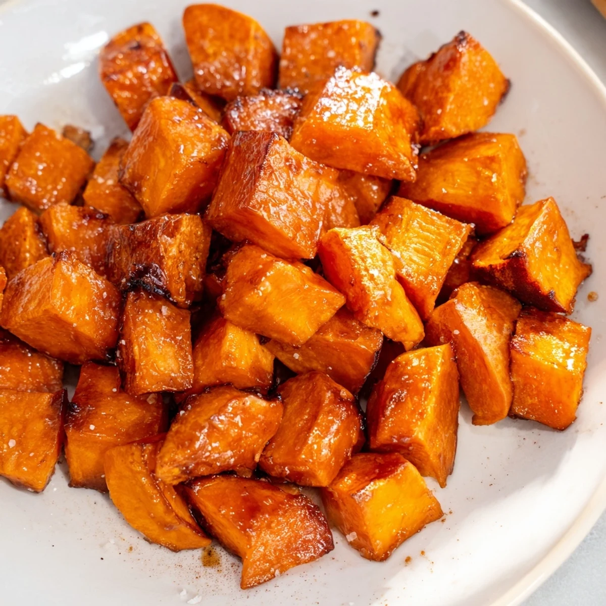 Warm honey cinnamon roasted sweet potato cubes scattered on a rustic wooden board with glossy glazed coating