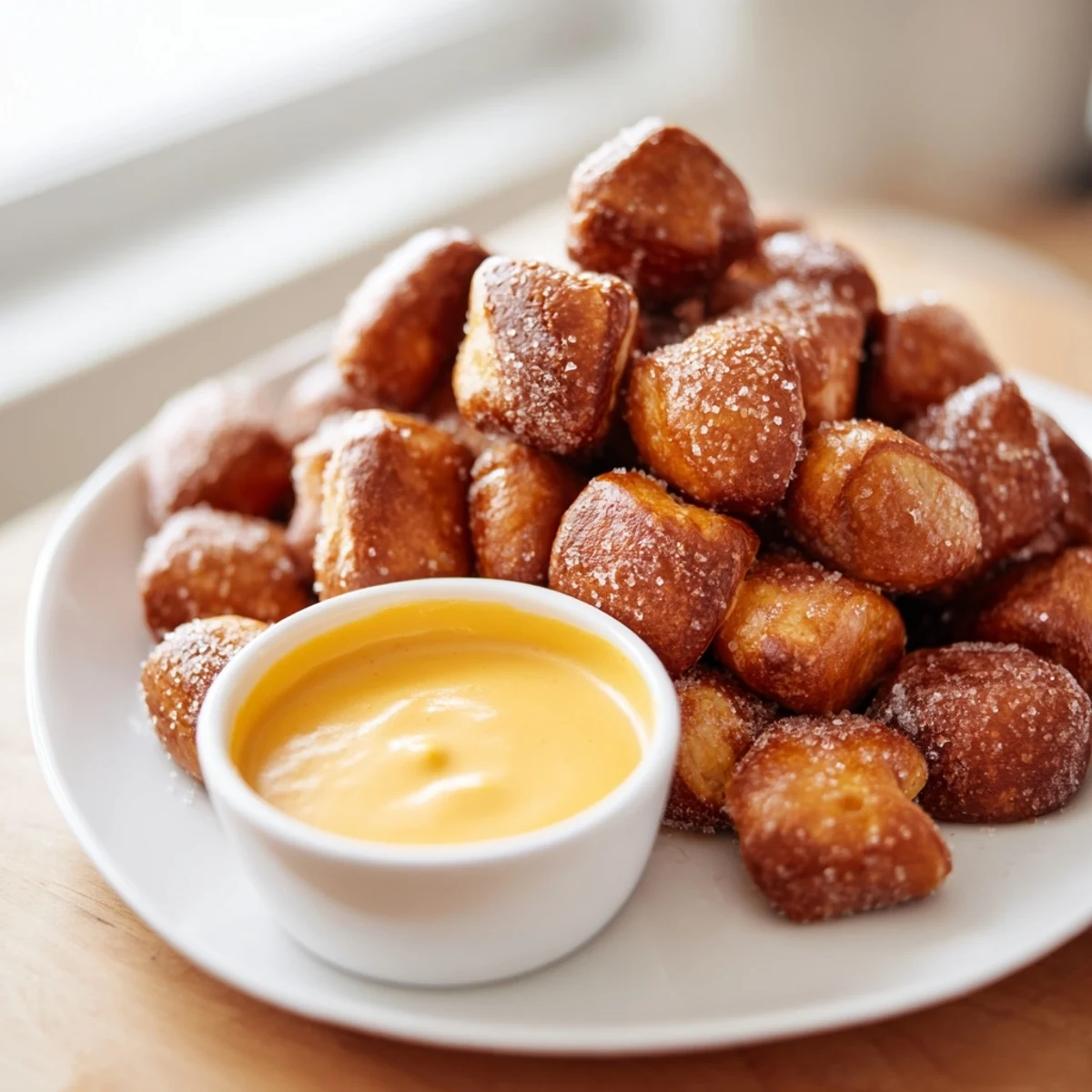 Golden brown air fryer pretzel bites with coarse salt served alongside warm zesty cheese dip