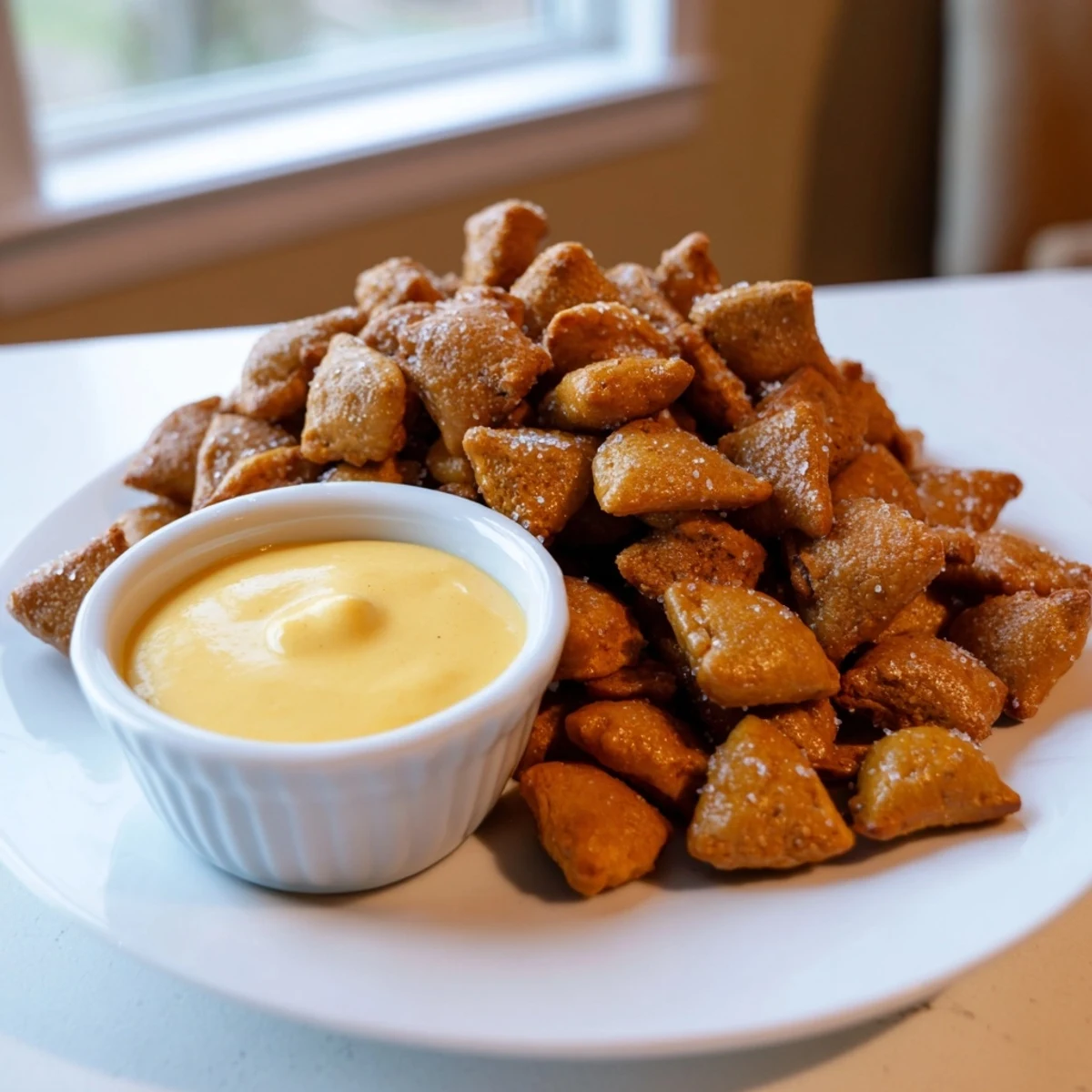 Soft chewy pretzel bread bites arranged around a bowl of creamy sharp cheddar dipping sauce