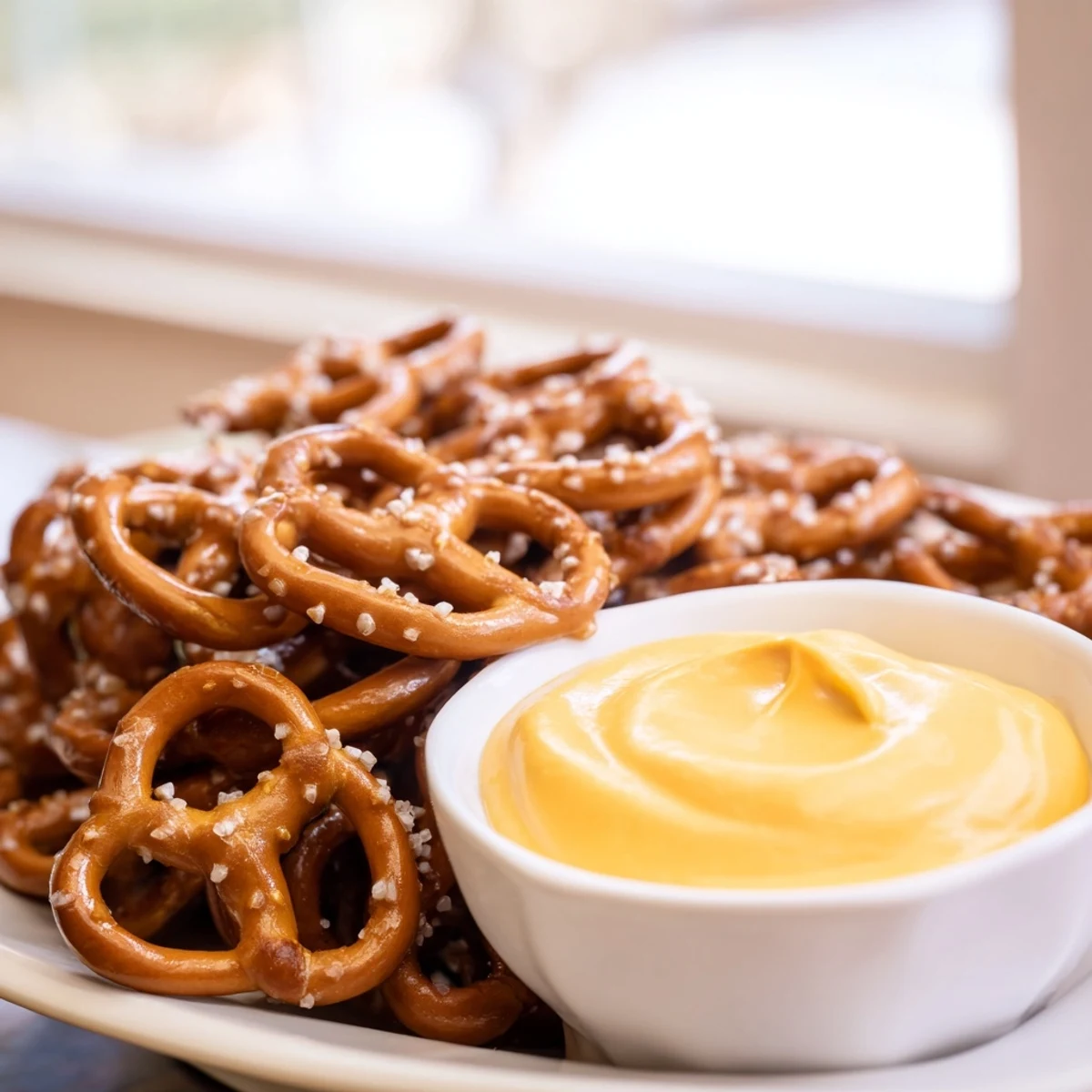 Crispy pretzel bites sprinkled with sea salt paired with zesty homemade cheese dip for dipping