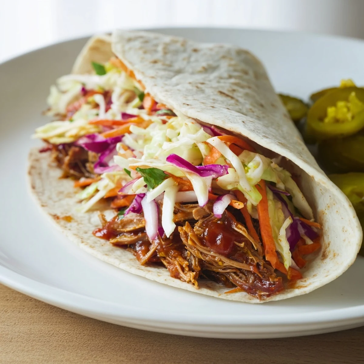 Easy smoky pulled beef slaw wraps with vibrant red and green cabbage on warm tortillas