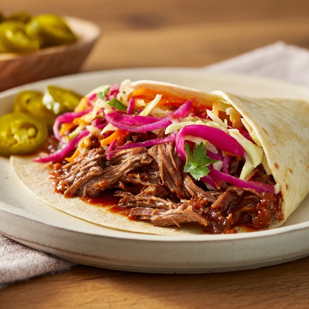 Tender BBQ pulled beef wrap topped with colorful cabbage slaw in a soft flour tortilla
