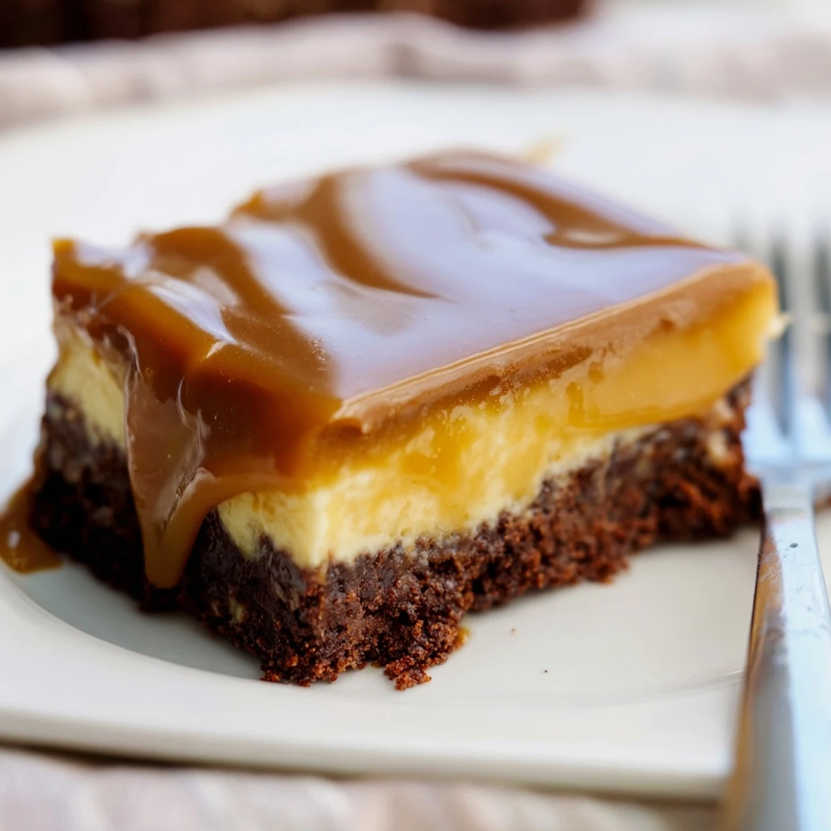 Rich caramel brownie cheesecake bars with fudgy chocolate layers and golden caramel drizzle atop a white plate