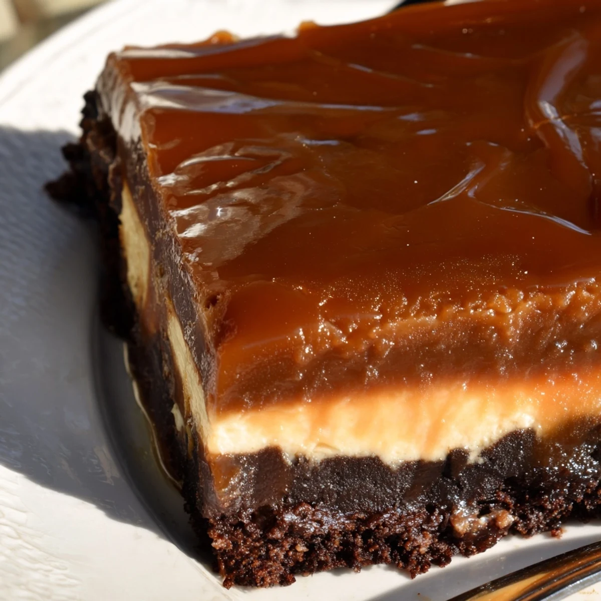 Decadent caramel brownie cheesecake bliss showing creamy cheesecake swirled over dark brownie base with glossy caramel topping