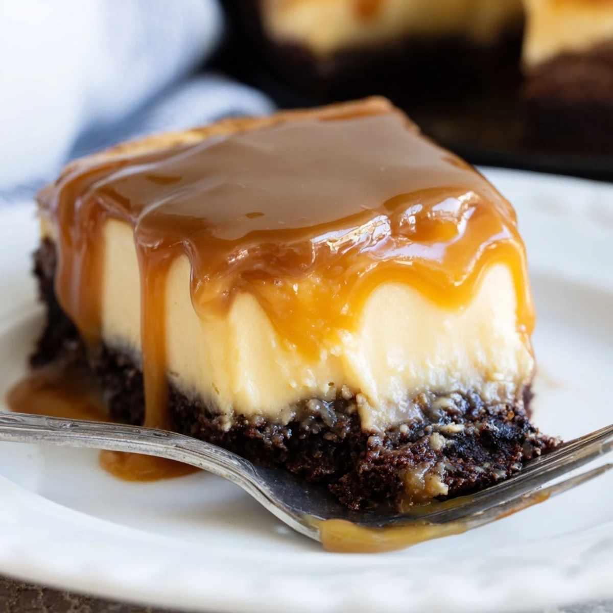 Slice of caramel brownie cheesecake featuring triple layers of fudgy brownie smooth cheesecake and luscious caramel sauce