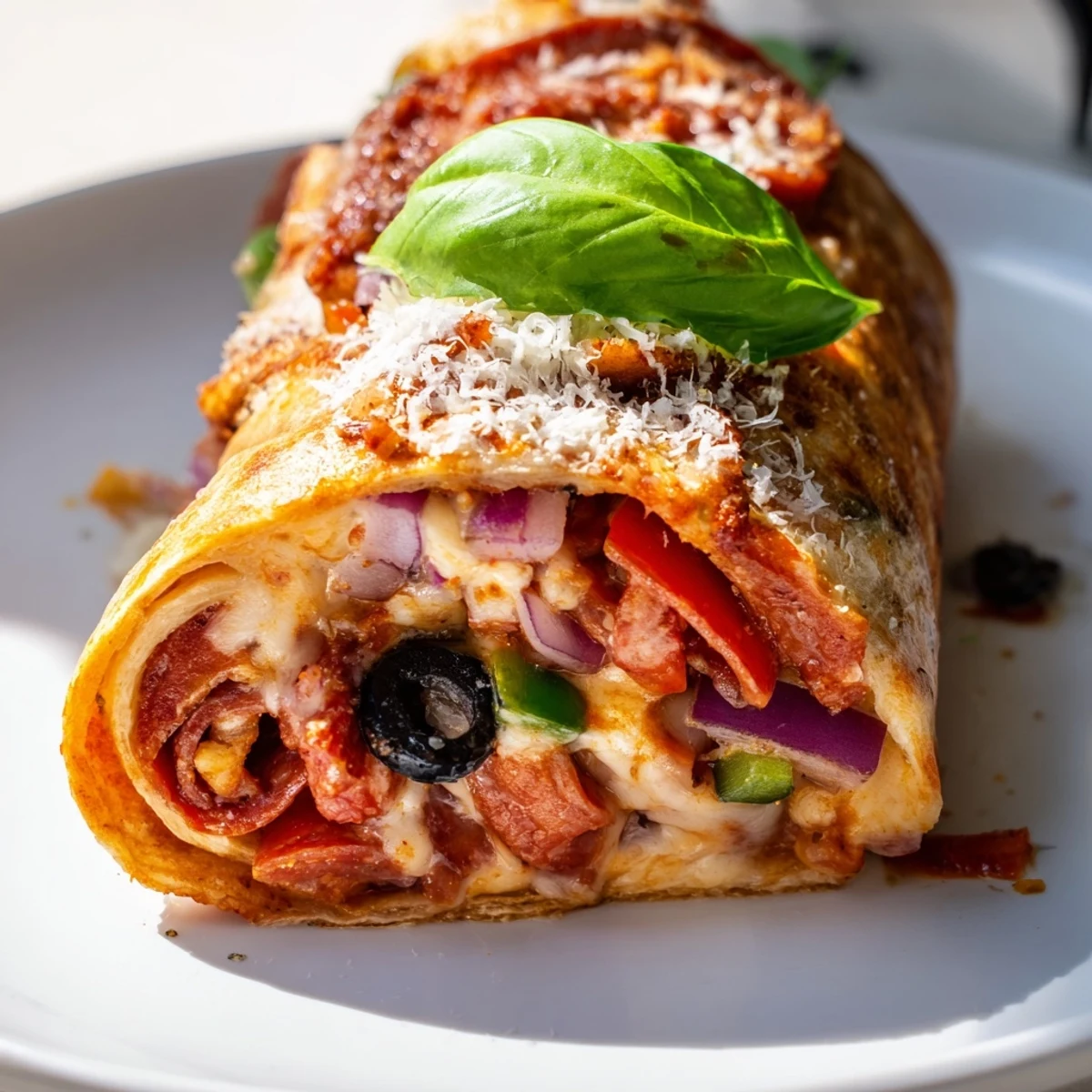 Golden oven baked pizza burritos filled with melted mozzarella pepperoni and colorful vegetables