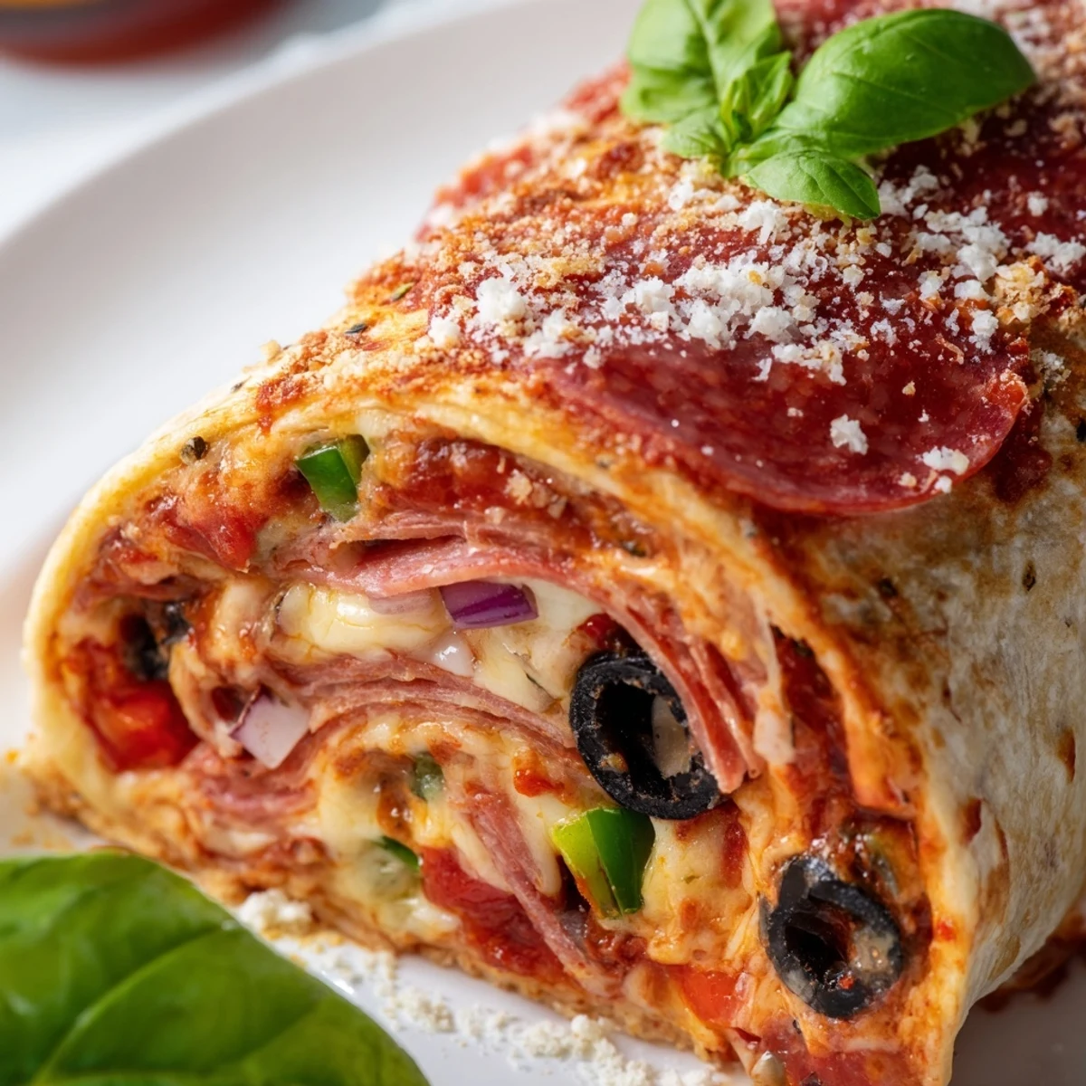 Crispy air fried pizza burritos with oozing cheese pepperoni and fresh basil garnish