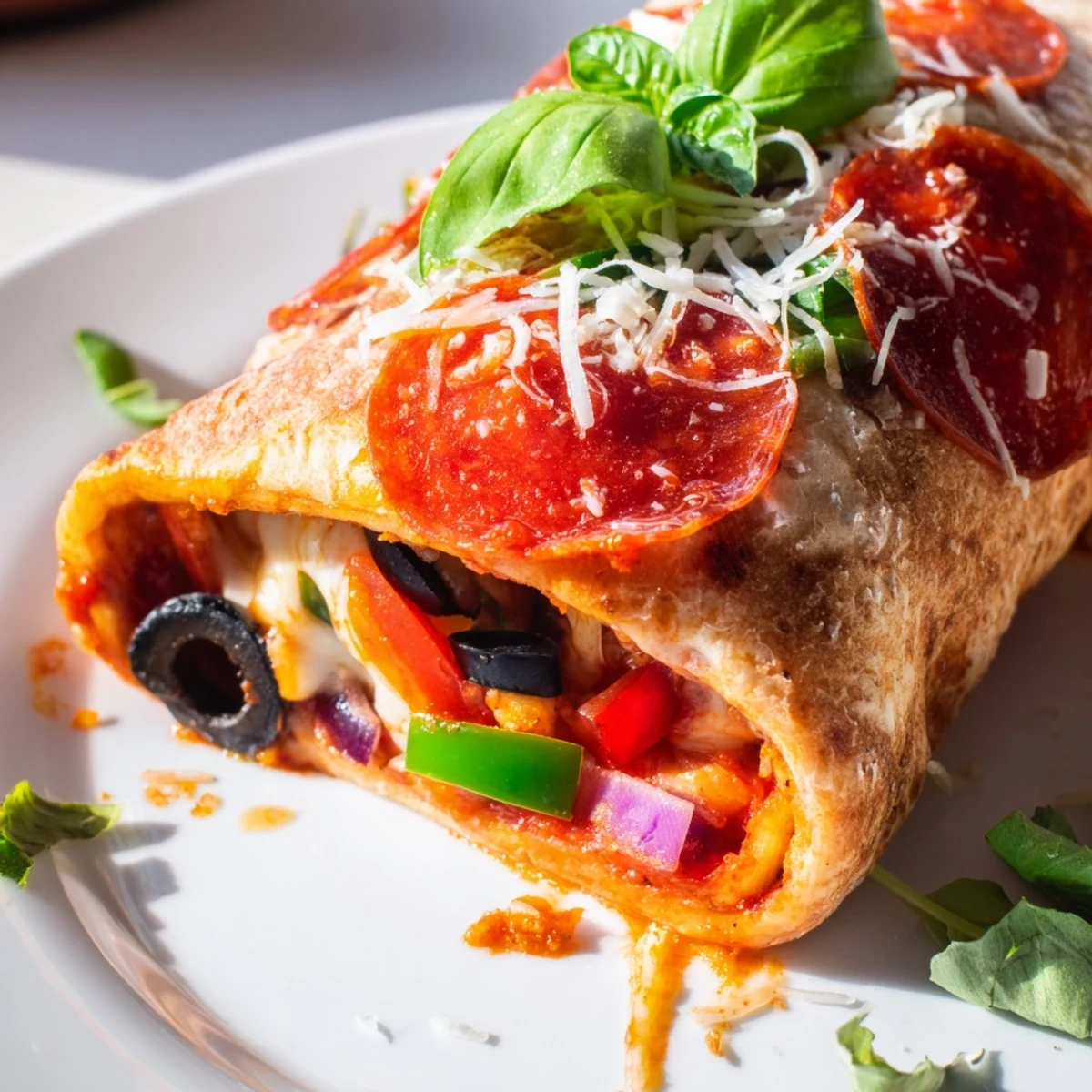 Delicious pizza burritos featuring tortilla wrapped pizza toppings baked until golden and bubbly