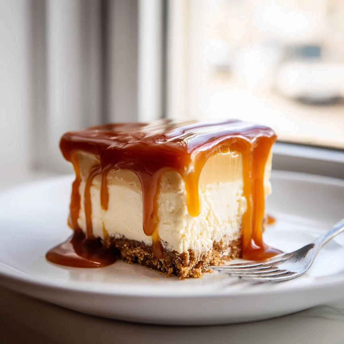 Golden caramel sauce drips down the sides of creamy caramel cheesecake bars on a white plate
