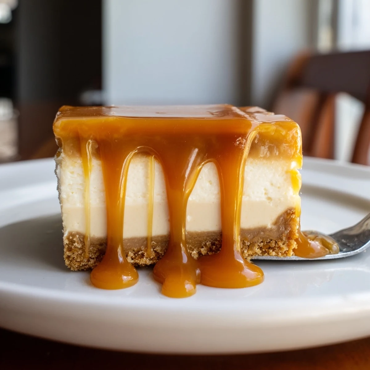 Hand holding a caramel cheesecake bar with glossy amber topping and buttery graham cracker base visible
