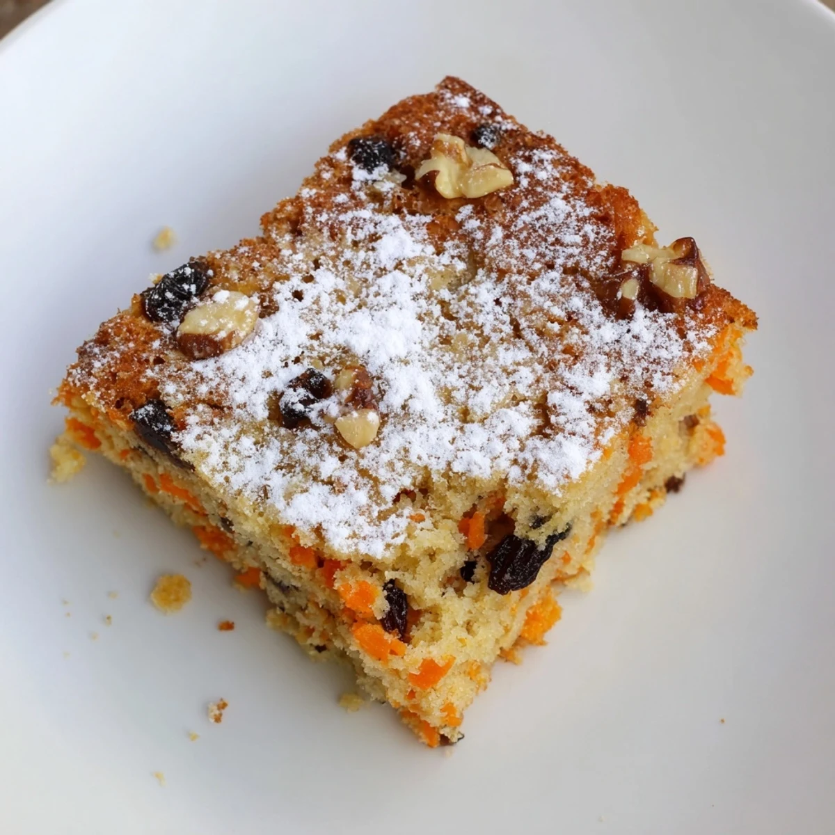 One bowl Greek yogurt carrot cake slice topped with powdered sugar on a white plate